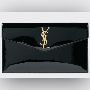 Saint Laurent Black Uptown Leather Clutch with Gold Accents Authentic and New